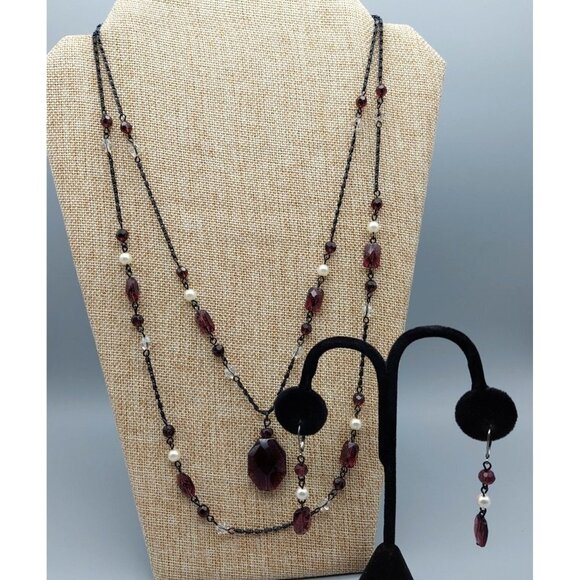 Black Gun Metal Purple Bead Pendant Double Strand Necklace & Earring Set 24" - Picture 1 of 10